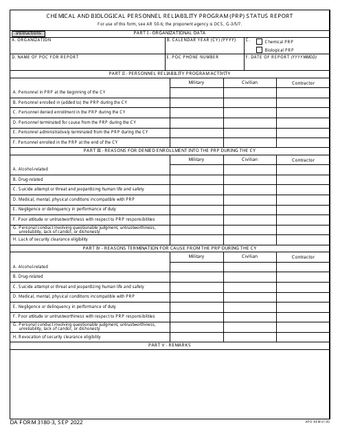 DA Form 3180-3 Chemical and Biological Personnel Reliability Program (PRP) Status Report