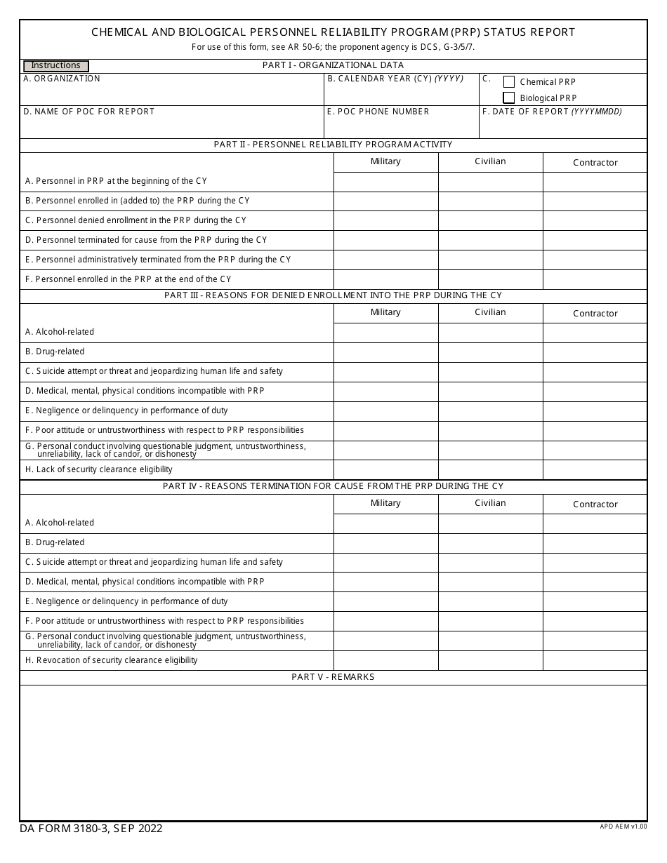 DA Form 3180-3 Chemical and Biological Personnel Reliability Program (PRP) Status Report, Page 1