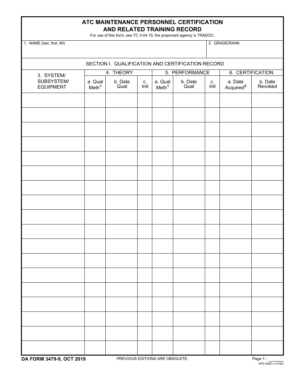 DA Form 4379-9 Atc Maintenance Personnel Certification and Related Training Record, Page 1