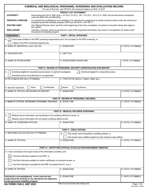 DA Form 3180-2 Chemical and Biological Personnel Screening and Evaluation Record