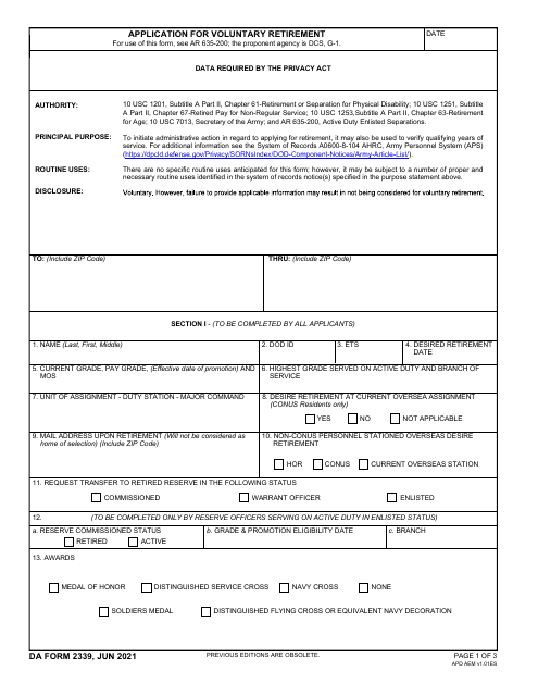 DA Form 2339  Printable Pdf