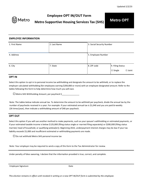 Form METRO OPT Employee Opt in/Out Form - Metro Supportive Housing Services Tax (Shs) - Oregon, 2023