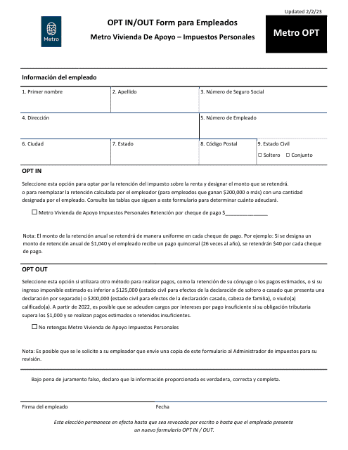 Formulario METRO OPT Opt in/Out Form Para Empleados - Metro Vivienda De Apoyo - Impuestos Personales - Oregon (Spanish), 2023