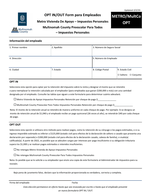 Formulario METRO/MULTCO OPT Opt in/Out Form Para Empleados - Metro Vivienda De Apoyo - Multnomah County Preescolar Para Todos - Impuestos Personales - Oregon (Spanish), 2023