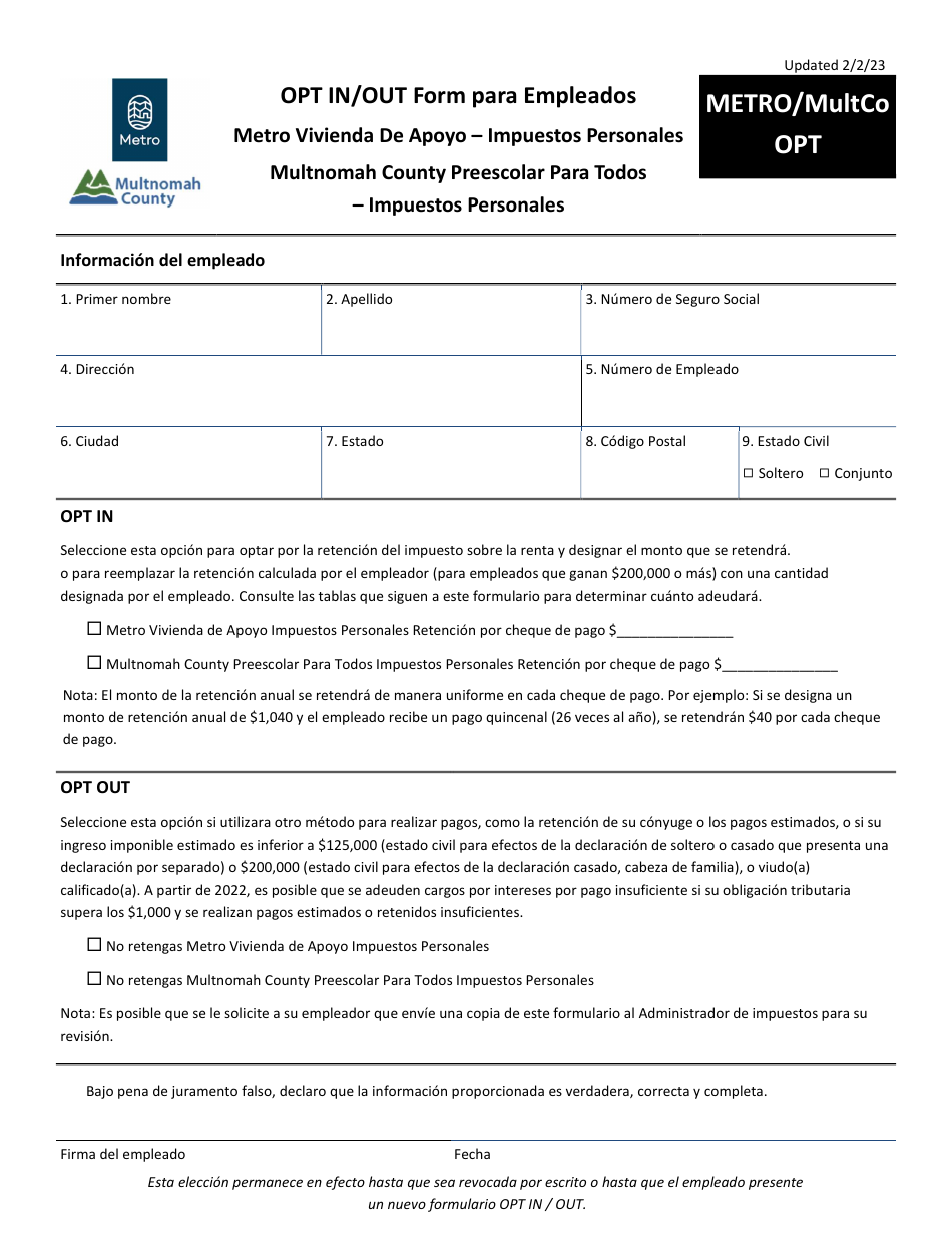 Formulario METRO / MULTCO OPT Opt in / Out Form Para Empleados - Metro Vivienda De Apoyo - Multnomah County Preescolar Para Todos - Impuestos Personales - Oregon (Spanish), Page 1