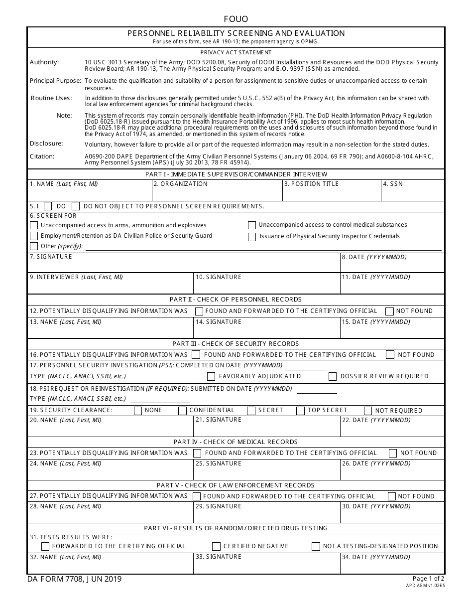 DA Form 7708 Personnel Reliability Screening and Evaluation, Page 1