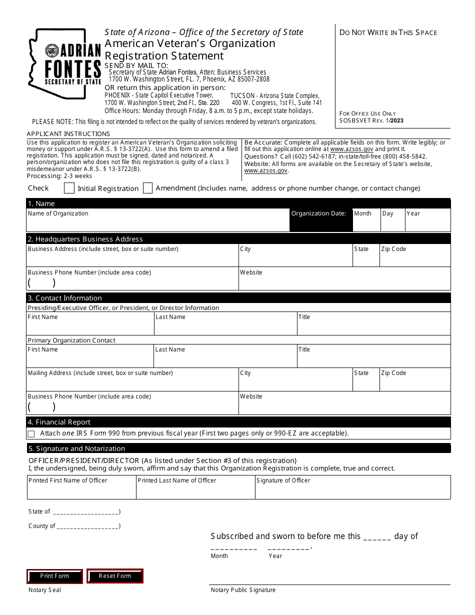 American Veterans Organization Registration Statement - Arizona, Page 1