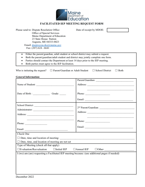 Facilitated Iep Meeting Request Form - Maine Download Pdf