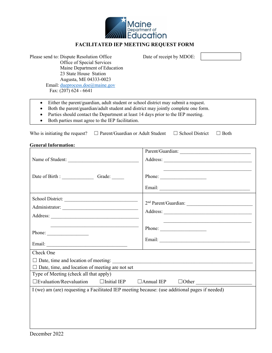 Maine Facilitated Iep Meeting Request Form Download Printable PDF ...