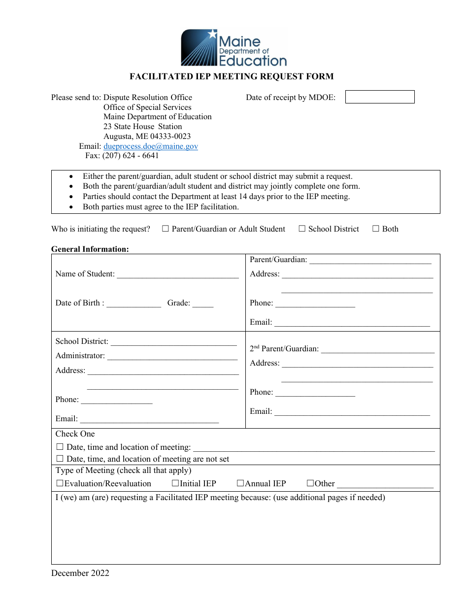 Facilitated Iep Meeting Request Form - Maine, Page 1