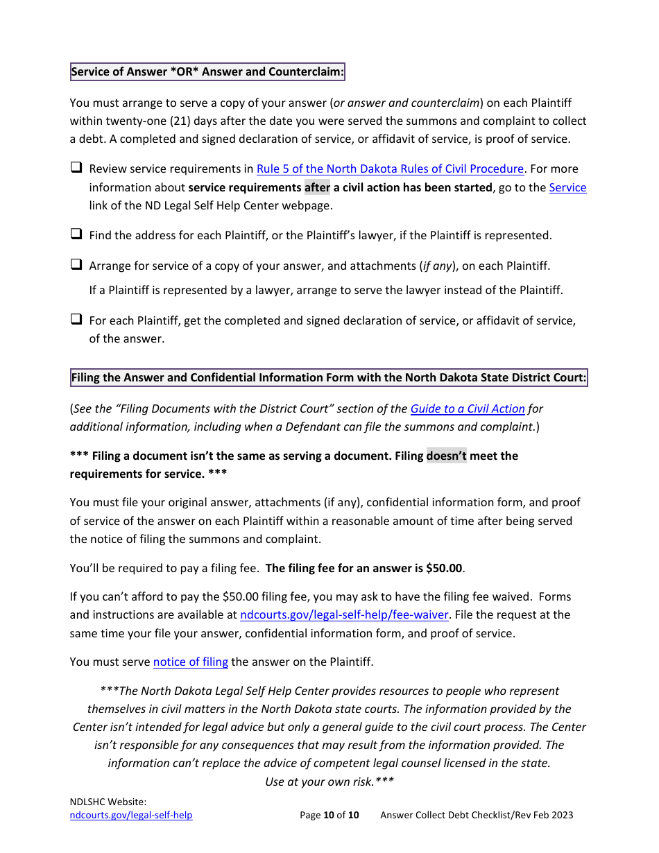 Checklist for Answering a Debt Collection Summons and Complaint - North Dakota, Page 10