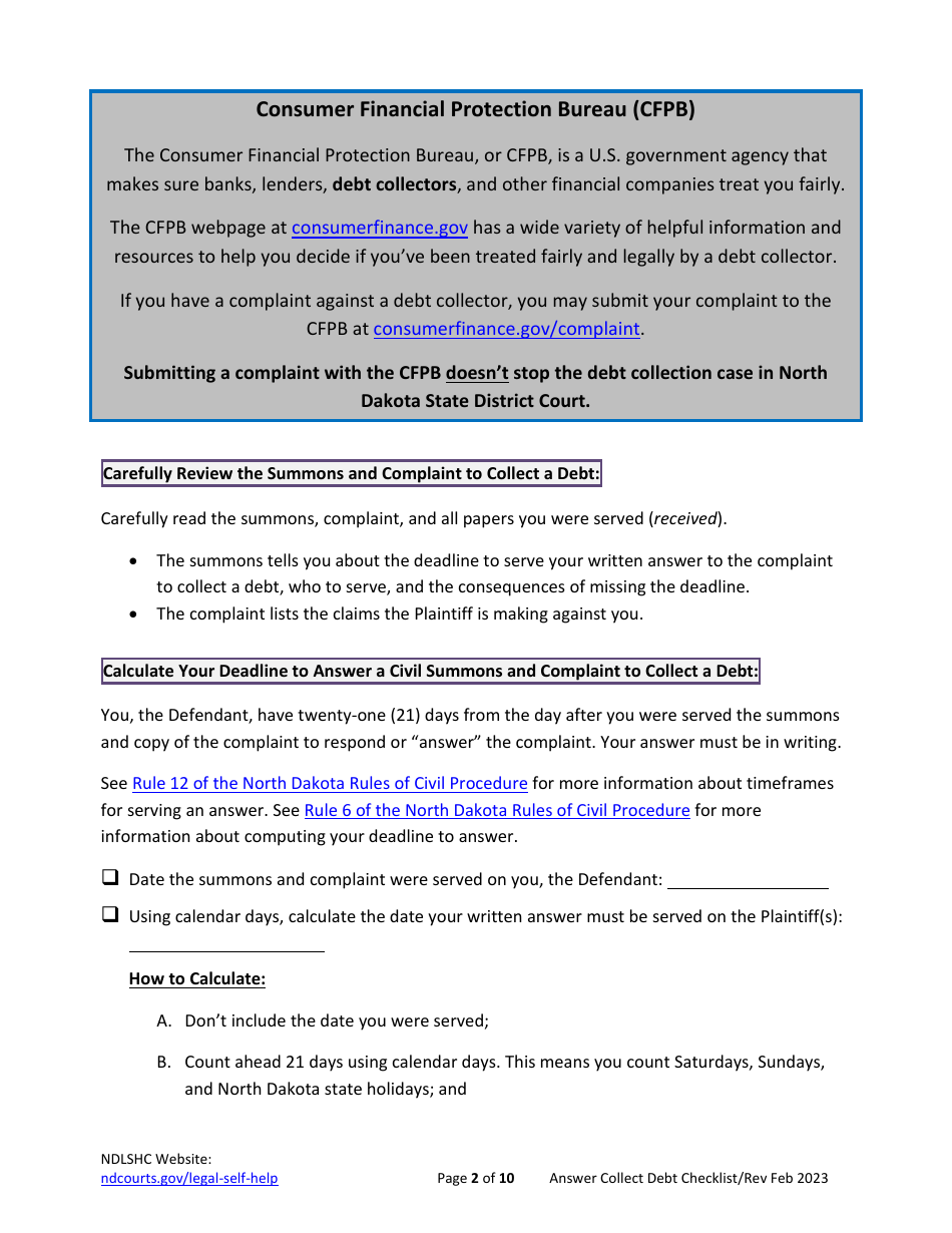 Checklist for Answering a Debt Collection Summons and Complaint - North Dakota, Page 2