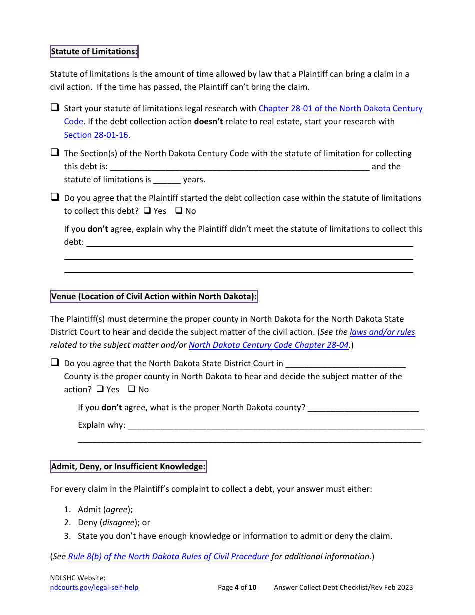 Checklist for Answering a Debt Collection Summons and Complaint - North Dakota, Page 4