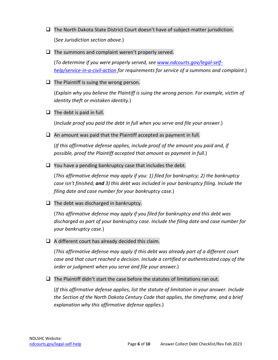 Checklist for Answering a Debt Collection Summons and Complaint - North Dakota, Page 6