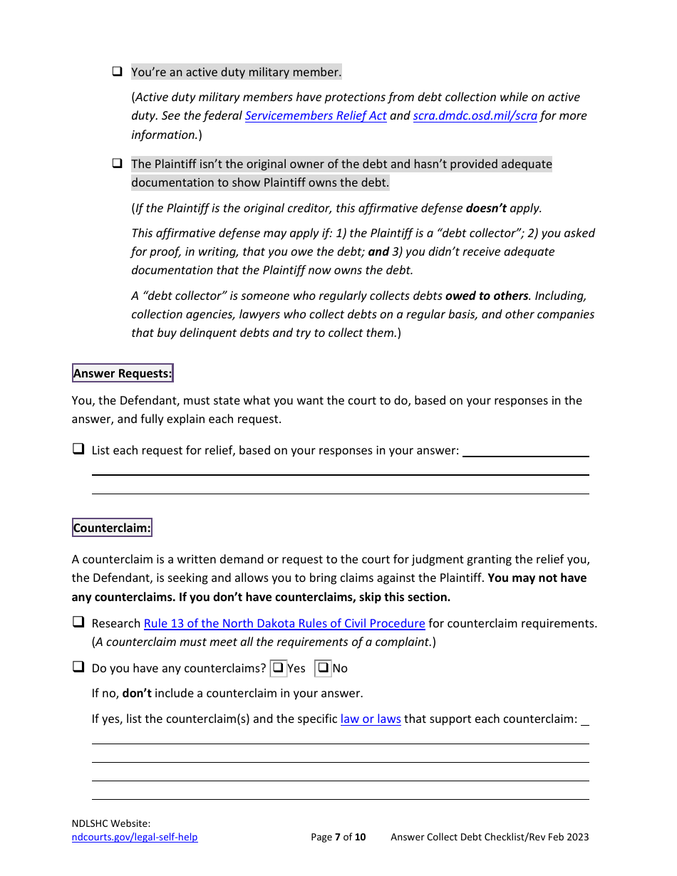 Checklist for Answering a Debt Collection Summons and Complaint - North Dakota, Page 7
