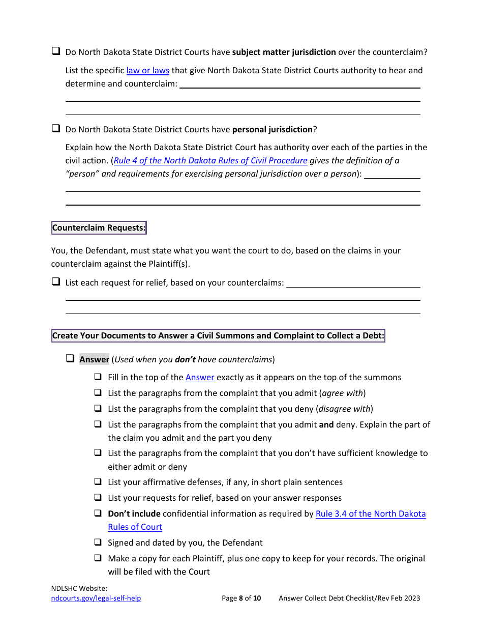 Checklist for Answering a Debt Collection Summons and Complaint - North Dakota, Page 8