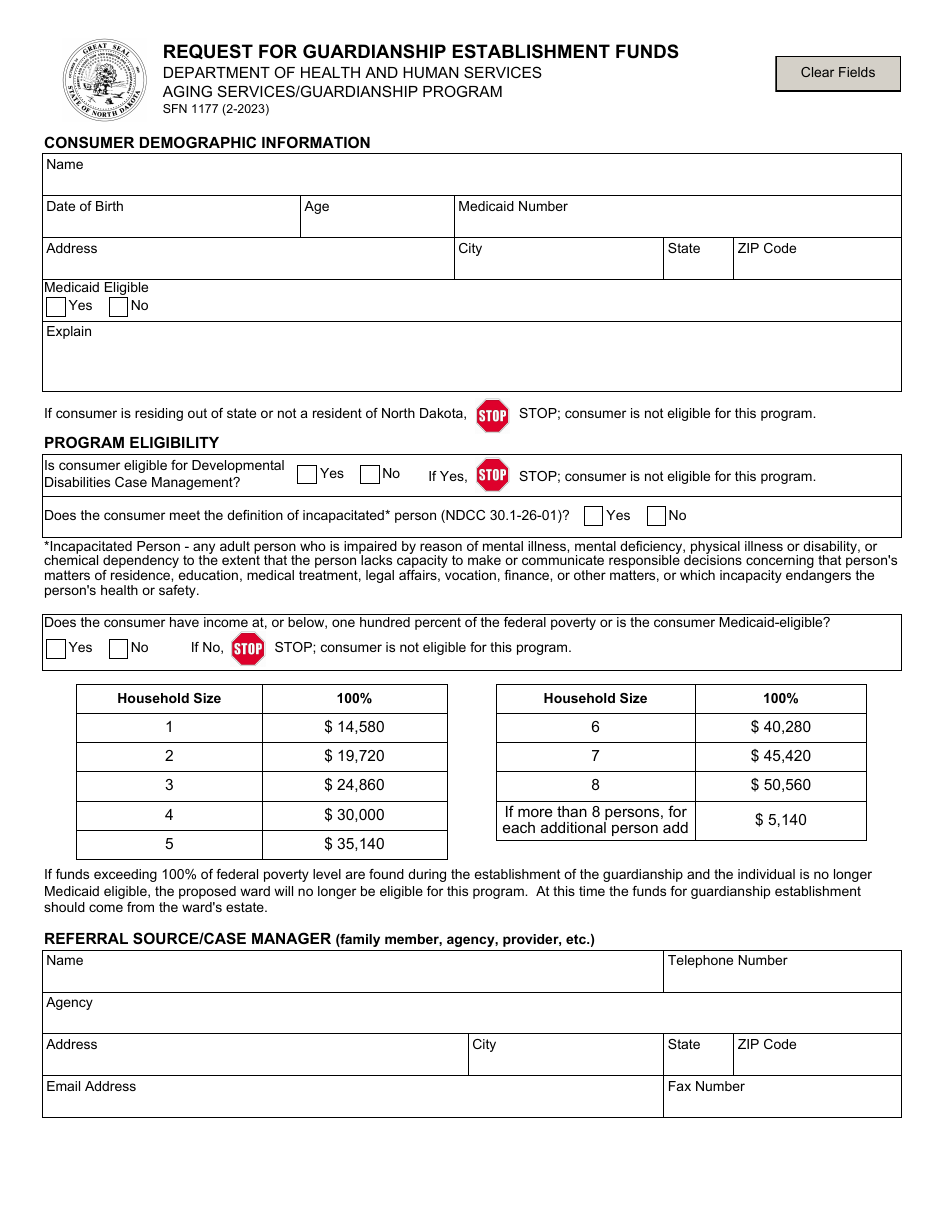Form SFN1177 Request for Guardianship Establishment Funds - North Dakota, Page 1