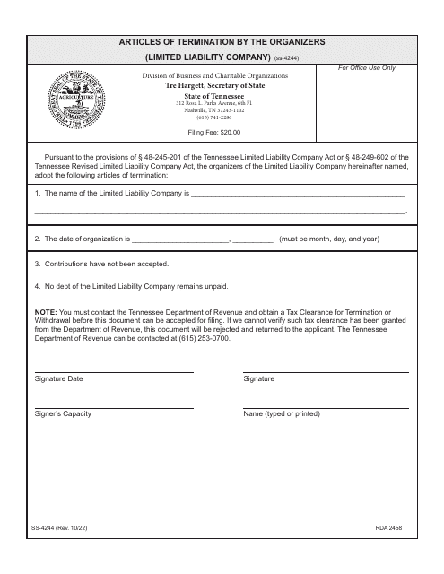 Form SS-4244 Articles of Termination by the Organizers (Limited Liability Company) - Tennessee