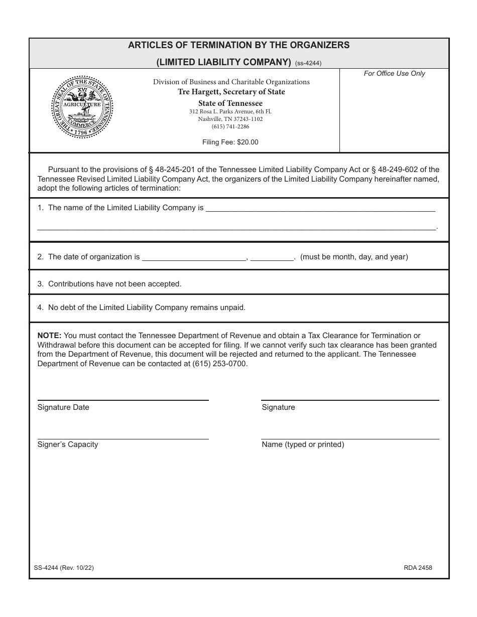 Form SS-4244 Articles of Termination by the Organizers (Limited Liability Company) - Tennessee, Page 1