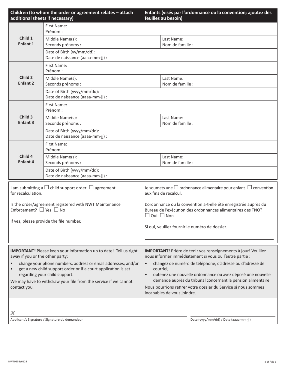 Form 1 (NWT9358) Nwt Child Support Recalculation Service Application - Northwest Territories, Canada (English / French), Page 4
