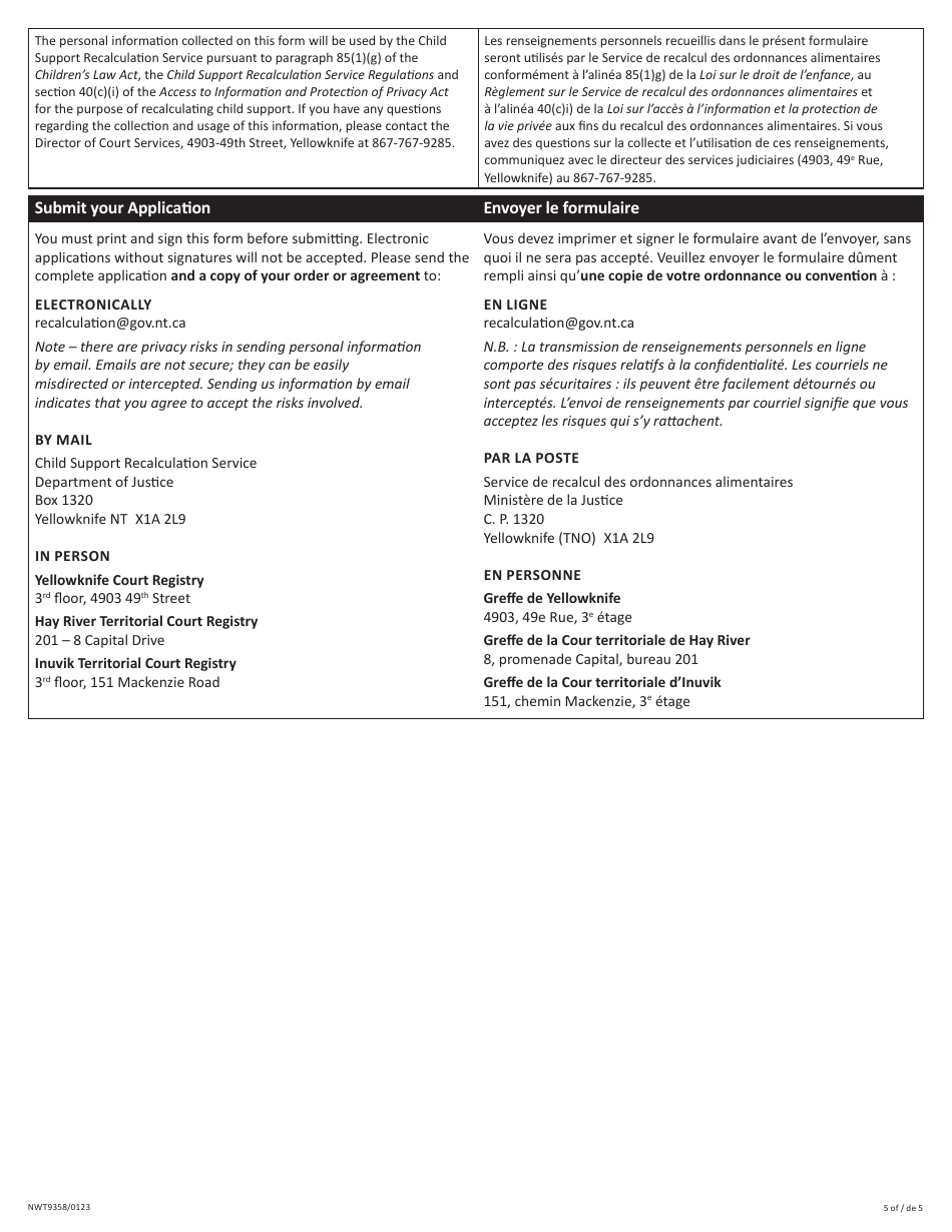 Form 1 (NWT9358) Nwt Child Support Recalculation Service Application - Northwest Territories, Canada (English / French), Page 5