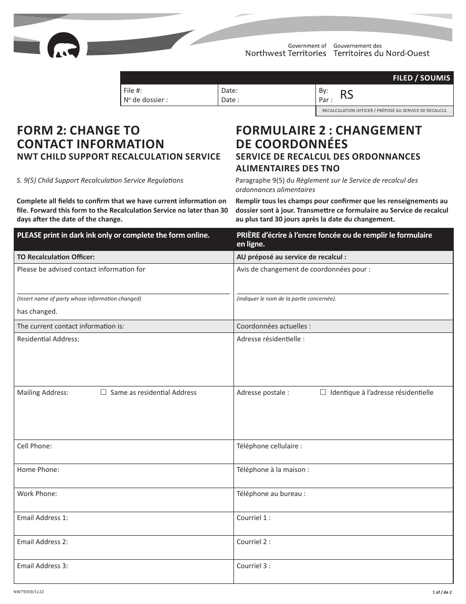 Form 2 (NWT9359) Change to Contact Information - Nwt Child Support Recalculation Service - Northwest Territories, Canada (English / French), Page 1