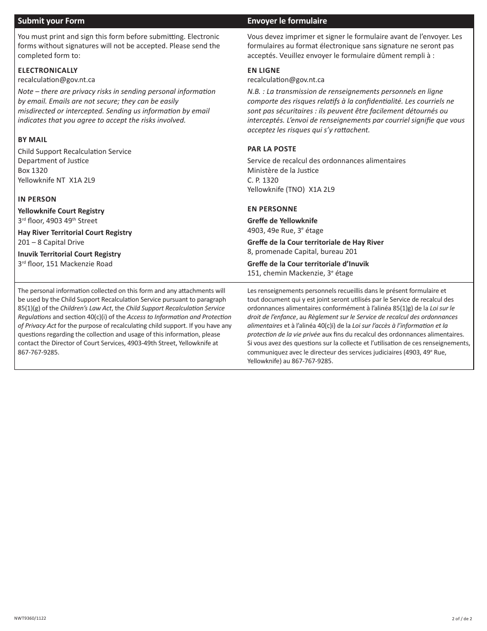 Form 3 (NWT9360) Waive Recalculation - Nwt Child Support Recalculation Service - Northwest Territories, Canada (English / French), Page 2