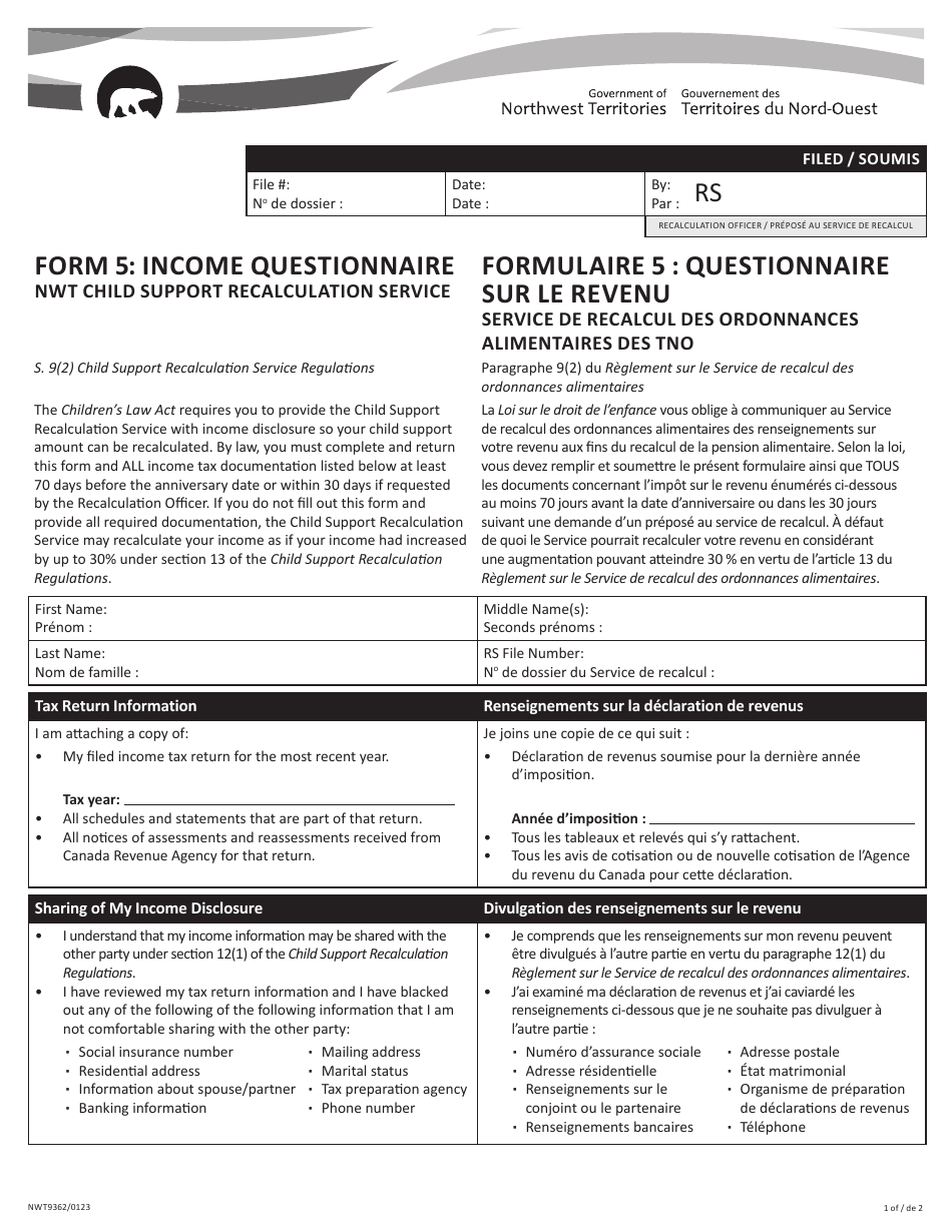 Form 5 (NWT9362) Income Questionnaire - Nwt Child Support Recalculation Service - Northwest Territories, Canada (English / French), Page 1