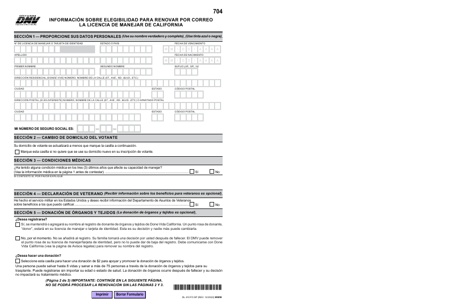 Formulario DL410 FO SP Informacion Sobre Elegibilidad Para Renovar Por Correo La Licencia De Manejar De California - California (Spanish), Page 2