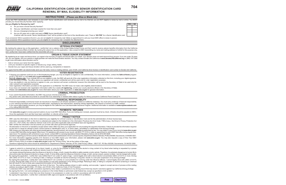 Form DL410 ID California Identification Card Renewal by Mail Eligibility - California, Page 1