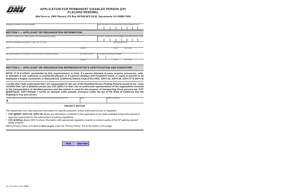 Form REG195 A Application for Permanent Disabled Person (Dp) Placard Renewal - California, Page 1