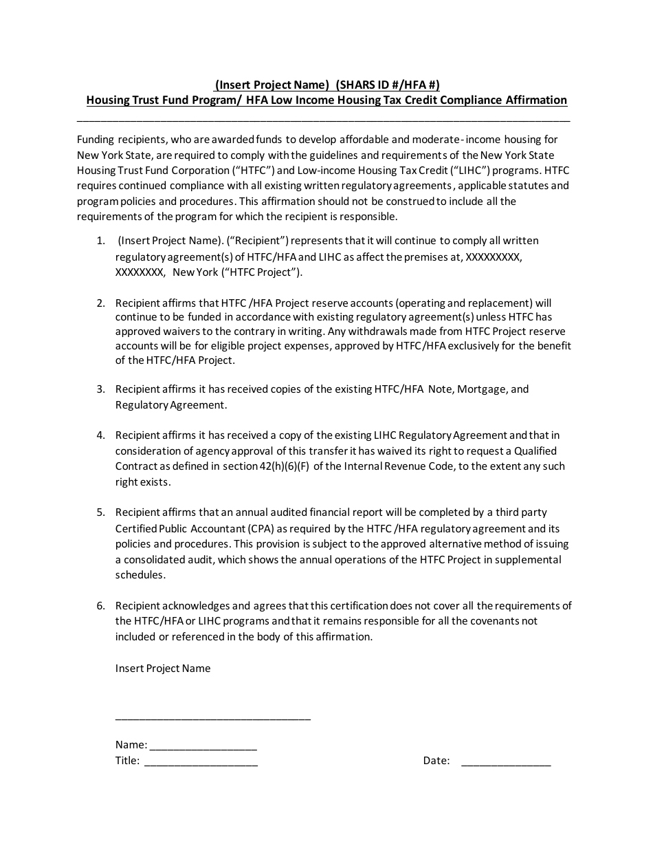 Housing Trust Fund Program / Hfa Low Income Housing Tax Credit Compliance Affirmation - New York, Page 1