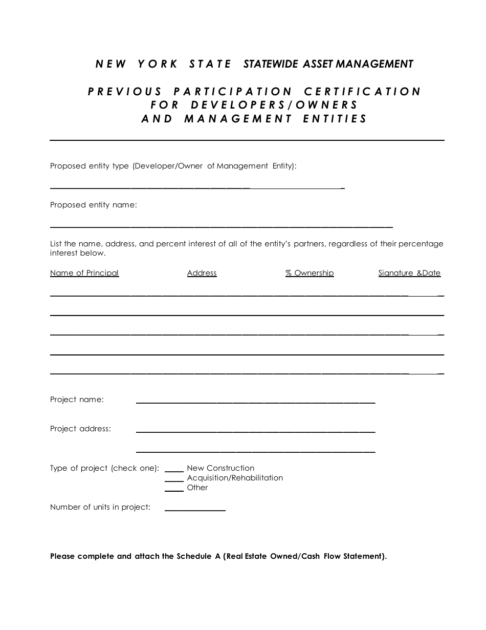 Previous Participation Certification for Developers / Owners and Management Entities - New York, Page 1