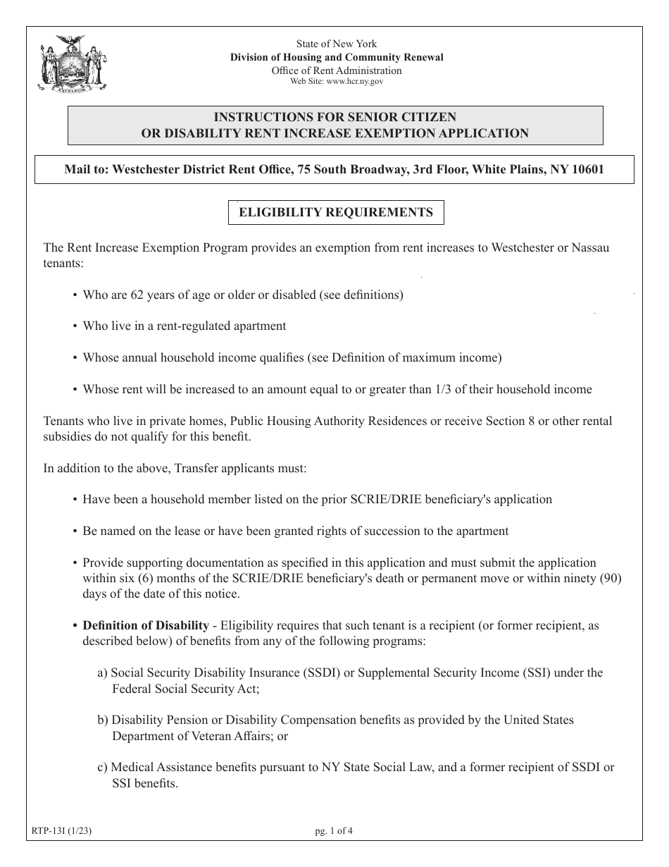 Instructions for Form RTP-13A Application for Senior Citizen or Disability Rent Increase Exemption - New York, Page 1