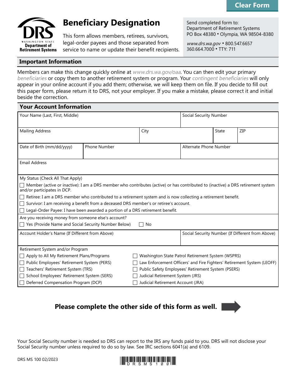 Form DRS MS100 Beneficiary Designation - Washington, Page 1