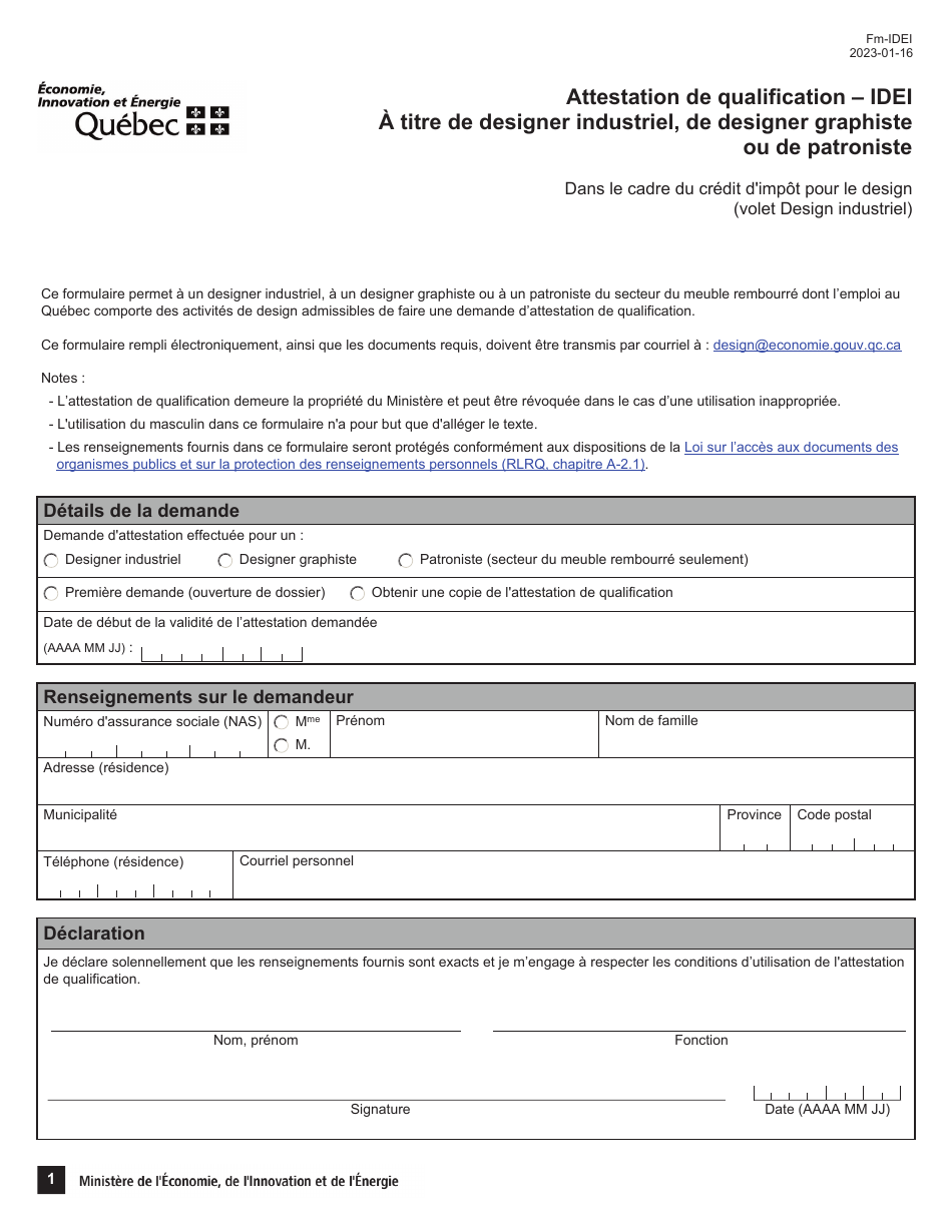 Forme FB-IDEI Attestation De Qualification - Idei a Titre De Designer Industriel, De Designer Graphiste Ou De Patroniste - Quebec, Canada (French), Page 1