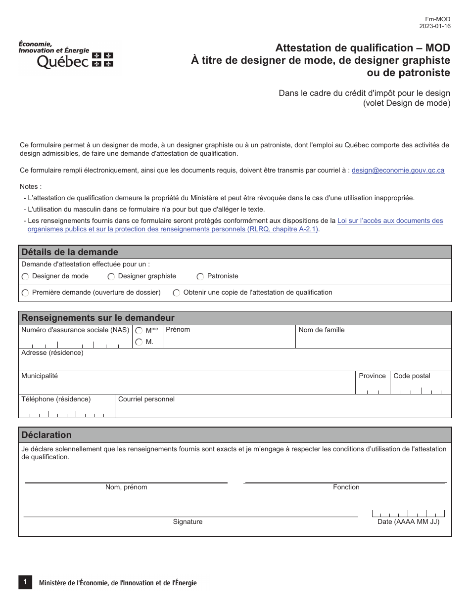 Forme FM-MOD Attestation De Qualification - Mod a Titre De Designer De Mode, De Designer Graphiste Ou De Patroniste - Quebec, Canada (French), Page 1