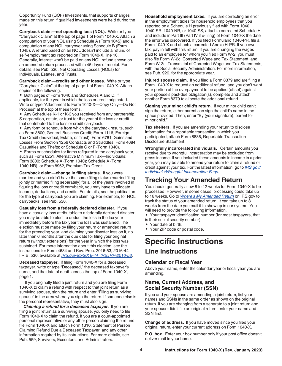 Download Instructions for IRS Form 1040X Amended U.S. Individual Tax Return PDF