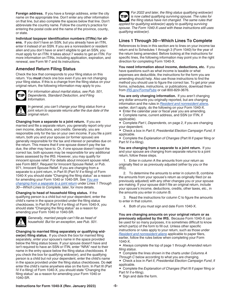 Instructions for IRS Form 1040-X Amended U.S. Individual Income Tax Return, Page 5
