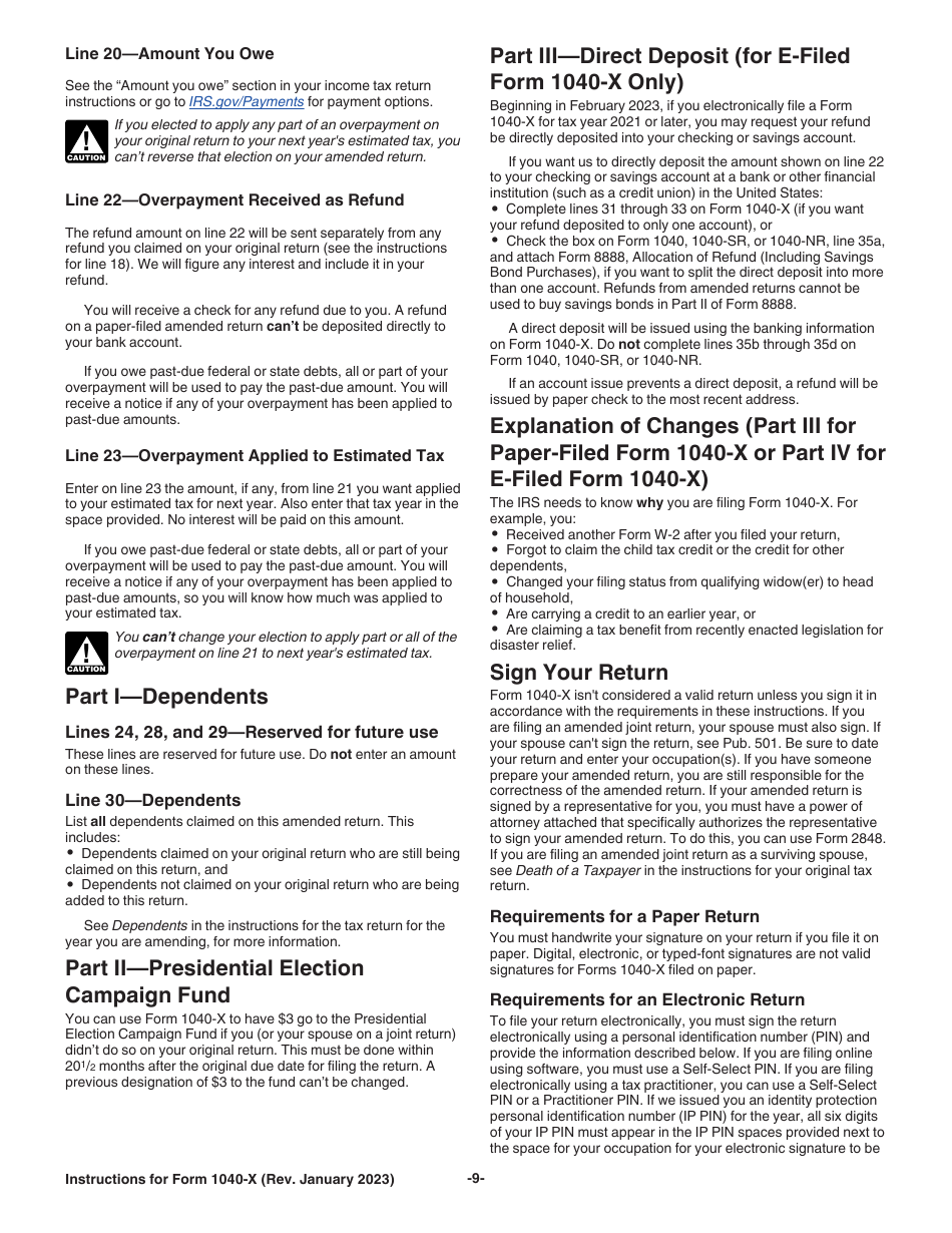 Download Instructions for IRS Form 1040X Amended U.S. Individual Tax Return PDF