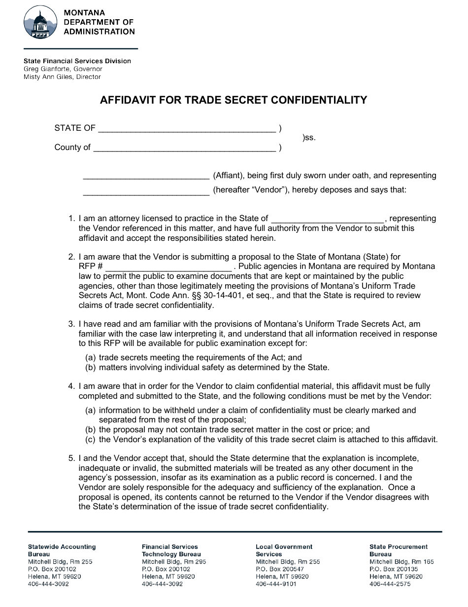 Affidavit for Trade Secret Confidentiality - Montana, Page 1