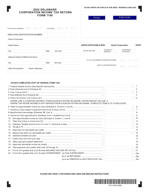 Form 1100 Delaware Corporation Income Tax Return - Delaware, 2022