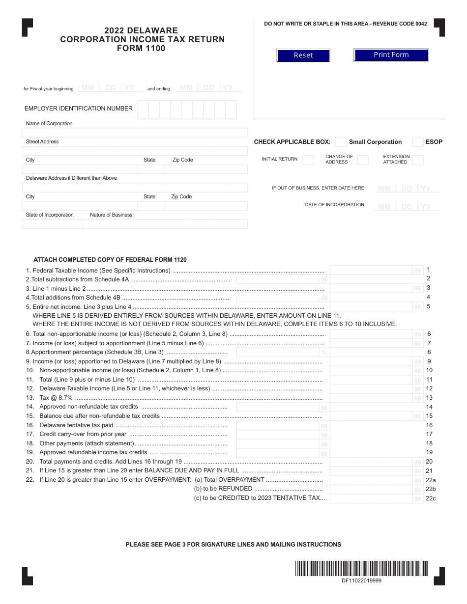 Form 1100 Delaware Corporation Income Tax Return - Delaware, Page 1