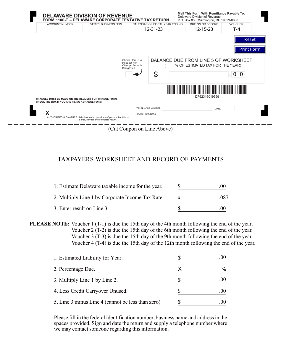 Form 1100T-4 Taxpayers Worksheet and Record of Payments - Delaware, Page 1