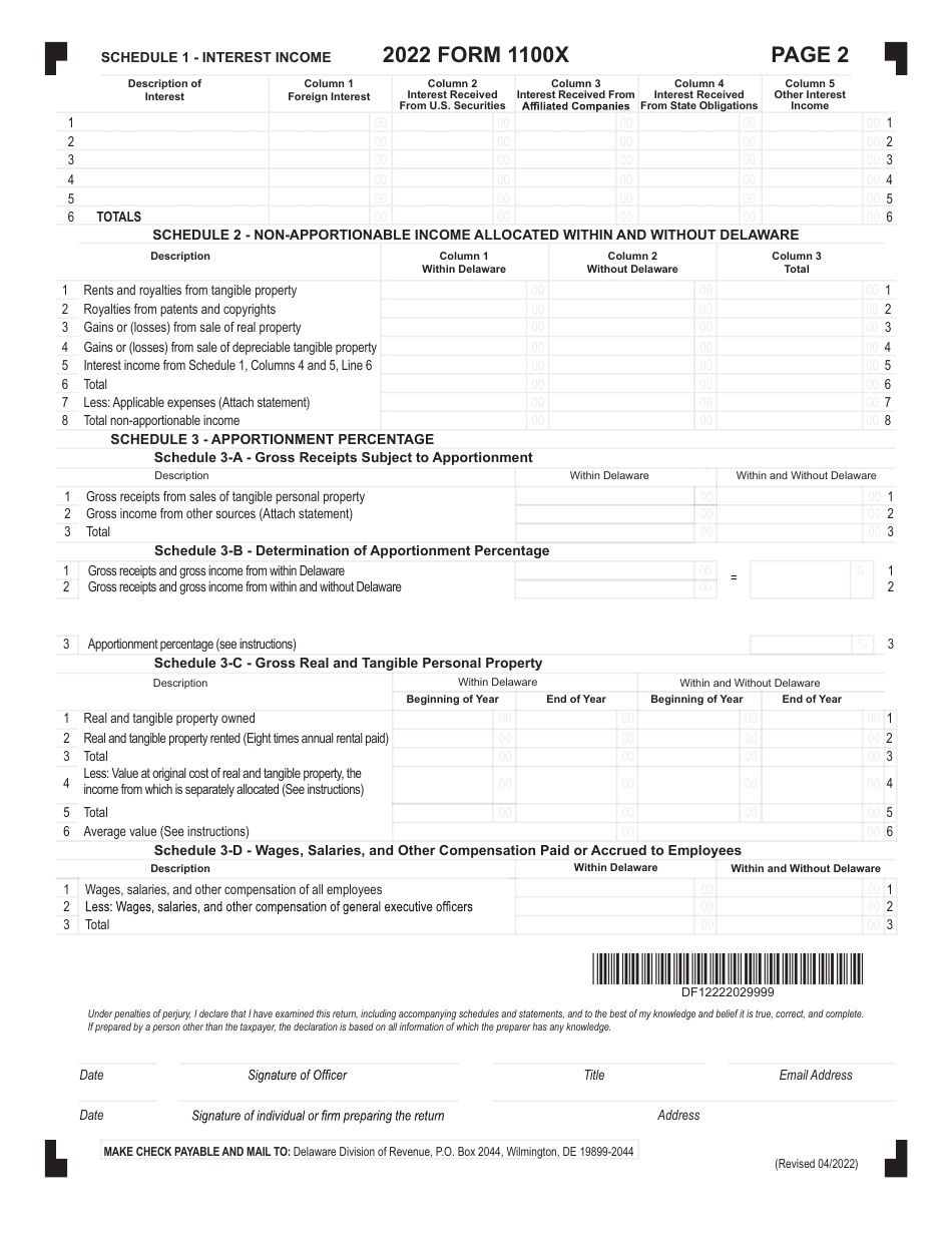 Form 1100X Amended Delaware Corporation Income Tax Return - Delaware, Page 2