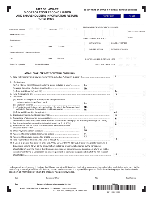 Form 1100S Delaware S Corporation Reconciliation and Shareholders Information Return - Delaware, 2022