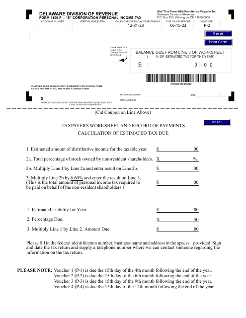 Form 1100P-2 S Corporation Personal Income Tax - Delaware, 2024