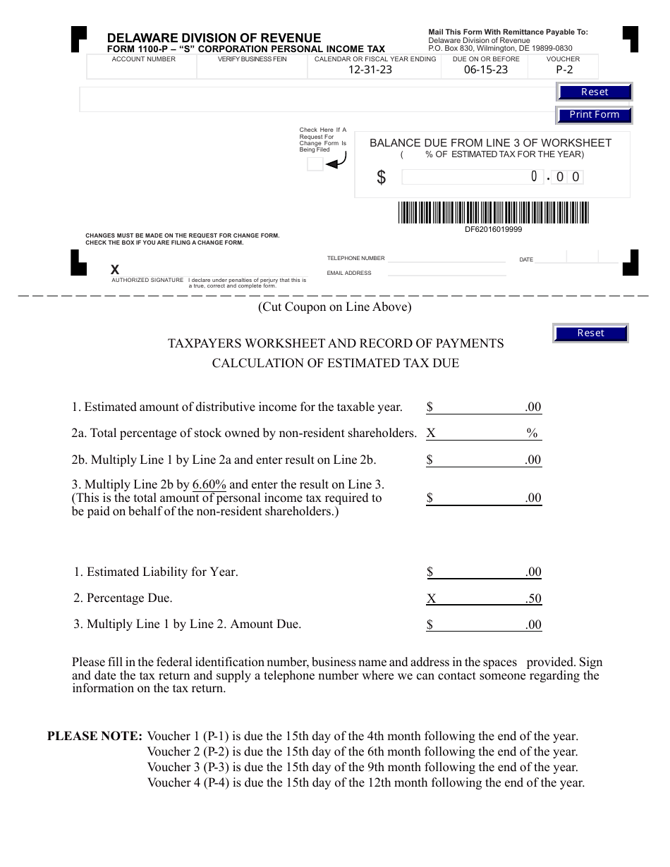 Form 1100P-2 S Corporation Personal Income Tax - Delaware, Page 1