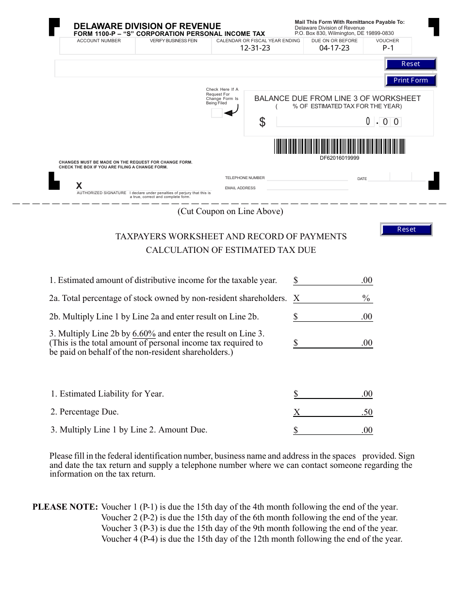 Form 1100P-1 S Corporation Personal Income Tax - Delaware, Page 1