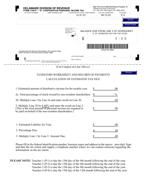 Form 1100P-3 S Corporation Personal Income Tax - Delaware, 2024
